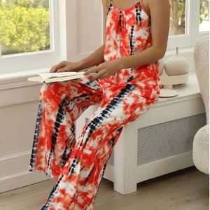 Red & White Tie Dye Sleeveless Wide Leg Romper